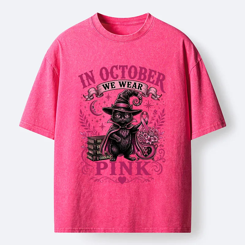 Kyoto-Lion Witch Cat Breast Cancer Awareness Washed T-Shirt