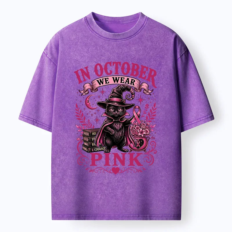 Kyoto-Lion Witch Cat Breast Cancer Awareness Washed T-Shirt