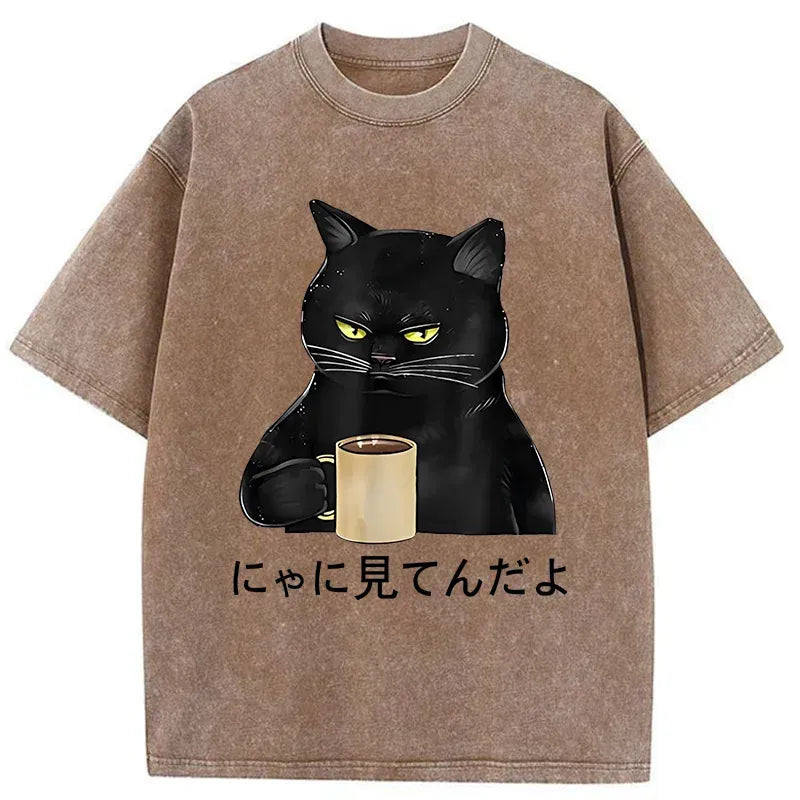 Kyoto-Lion Grim Cat Is Watching You Washed T-Shirt