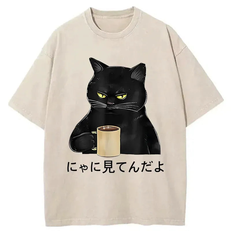 Kyoto-Lion Grim Cat Is Watching You Washed T-Shirt