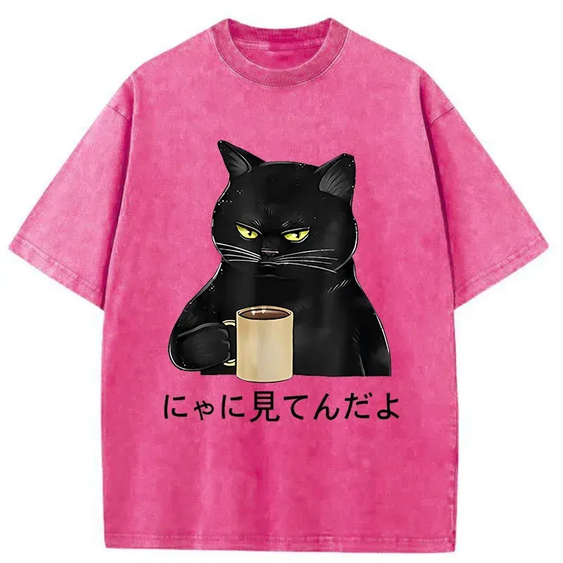 Kyoto-Lion Grim Cat Is Watching You Washed T-Shirt