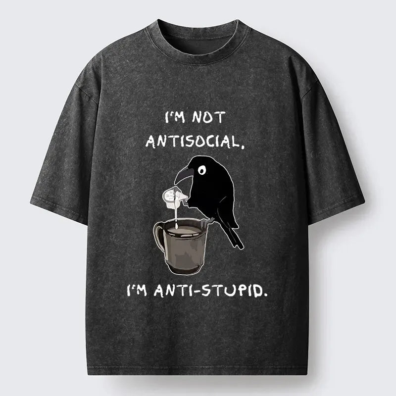 Kyoto-Lion Cool Crow Sips Calm Coffee Alone Washed T-Shirt