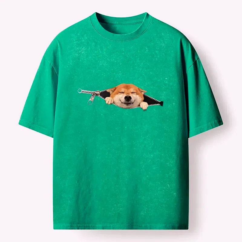 Kyoto-Lion Cute Shiba Dog In Zipper Washed T-Shirt