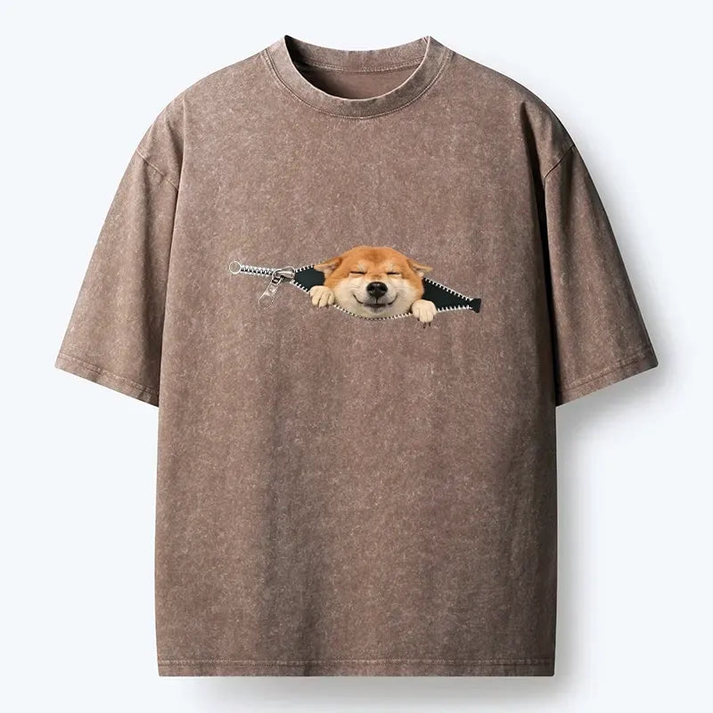 Kyoto-Lion Cute Shiba Dog In Zipper Washed T-Shirt