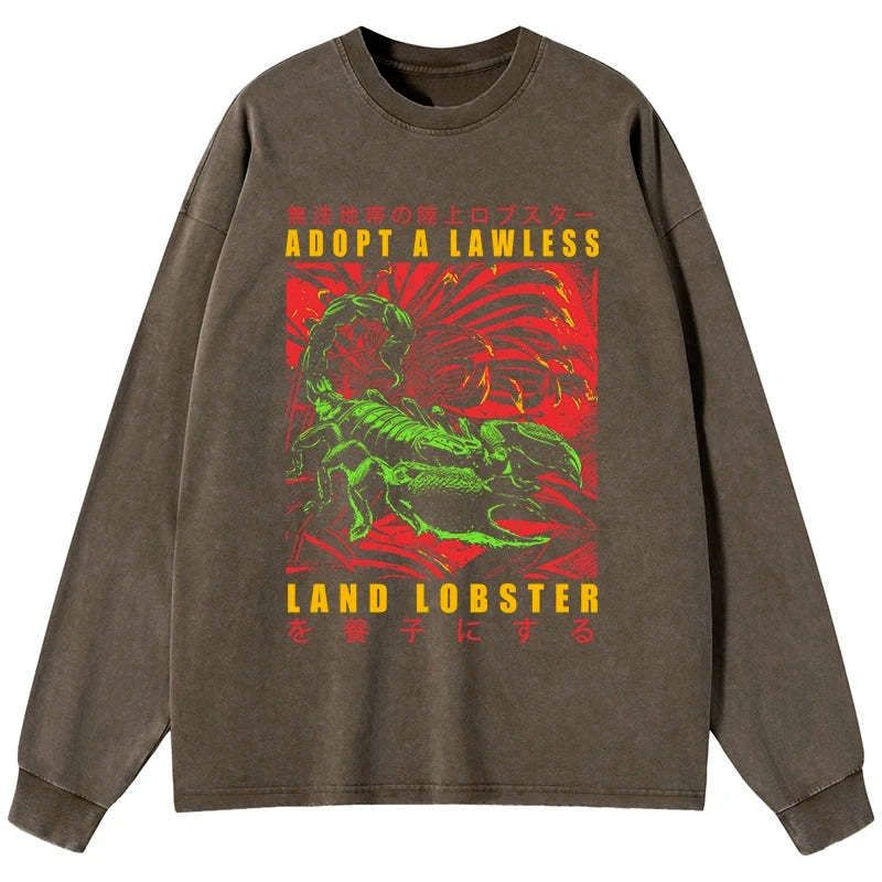 Kyoto-Lion Adopting A Land Lobster Japanese Washed Long Sleeve T-Shirt