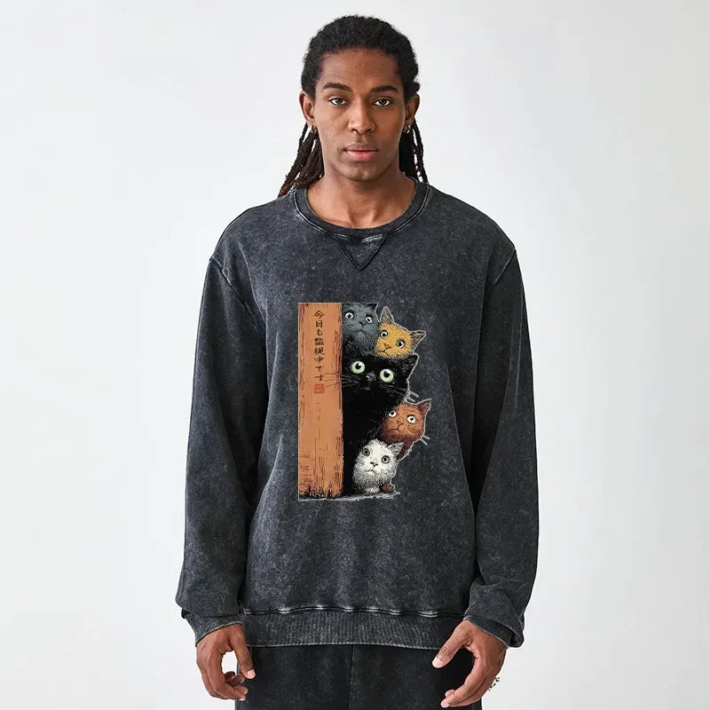 Kyoto-Lion Five Cats Are Watching You Washed Terry Sweatshirt