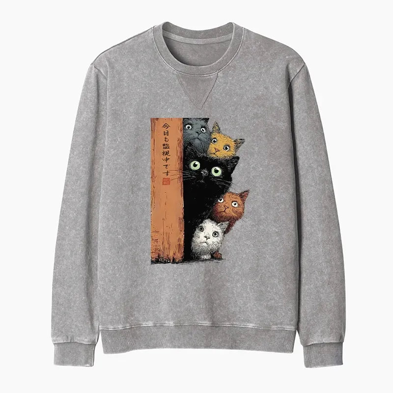 Kyoto-Lion Five Cats Are Watching You Washed Terry Sweatshirt