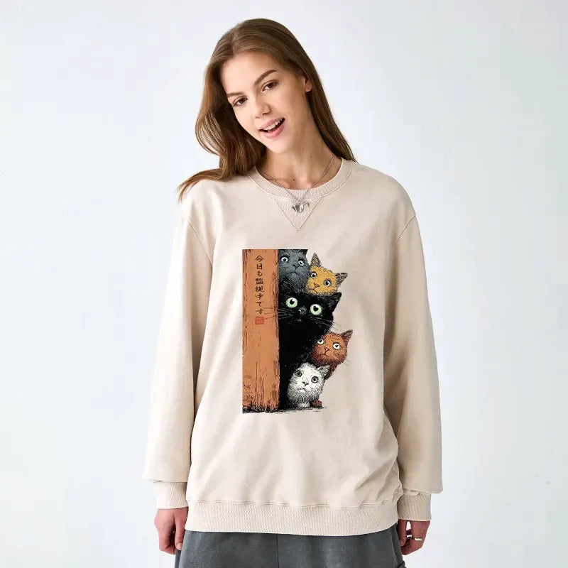 Kyoto-Lion Five Cats Are Watching You Washed Terry Sweatshirt