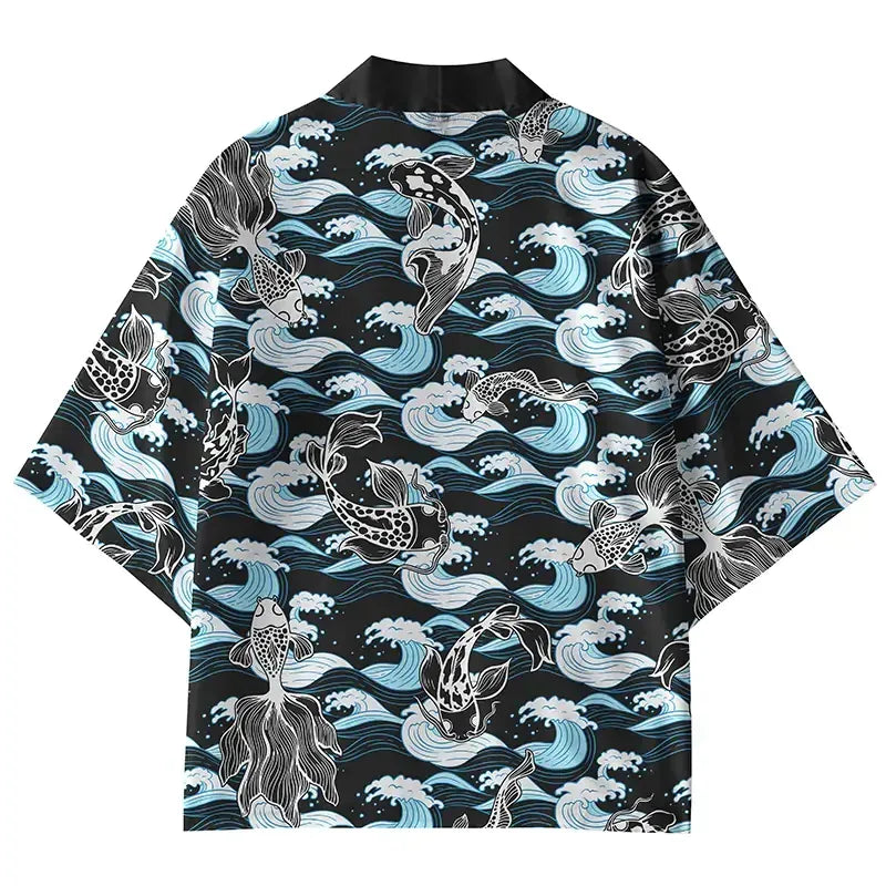 Kyoto-Lion Waves And Goldfish Kimono Cardigan