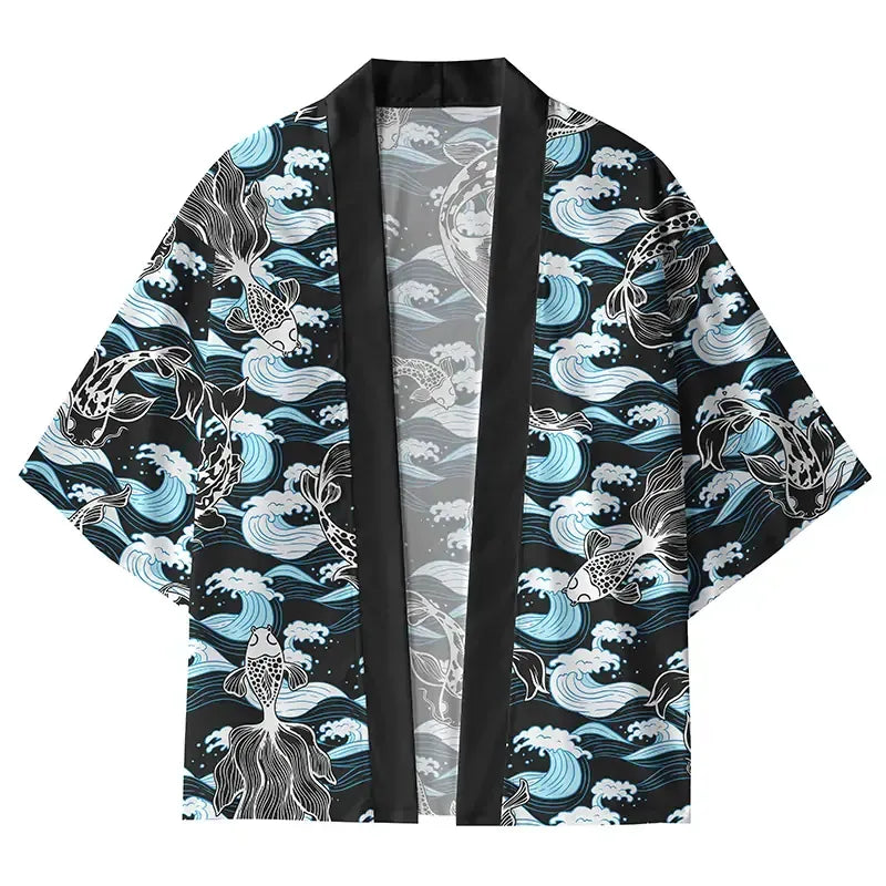 Kyoto-Lion Waves And Goldfish Kimono Cardigan