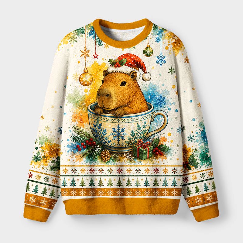 Kyoto-Lion Funny Teacup Capybara Meme Fuzzy Christmas Ugly Sweatshirt
