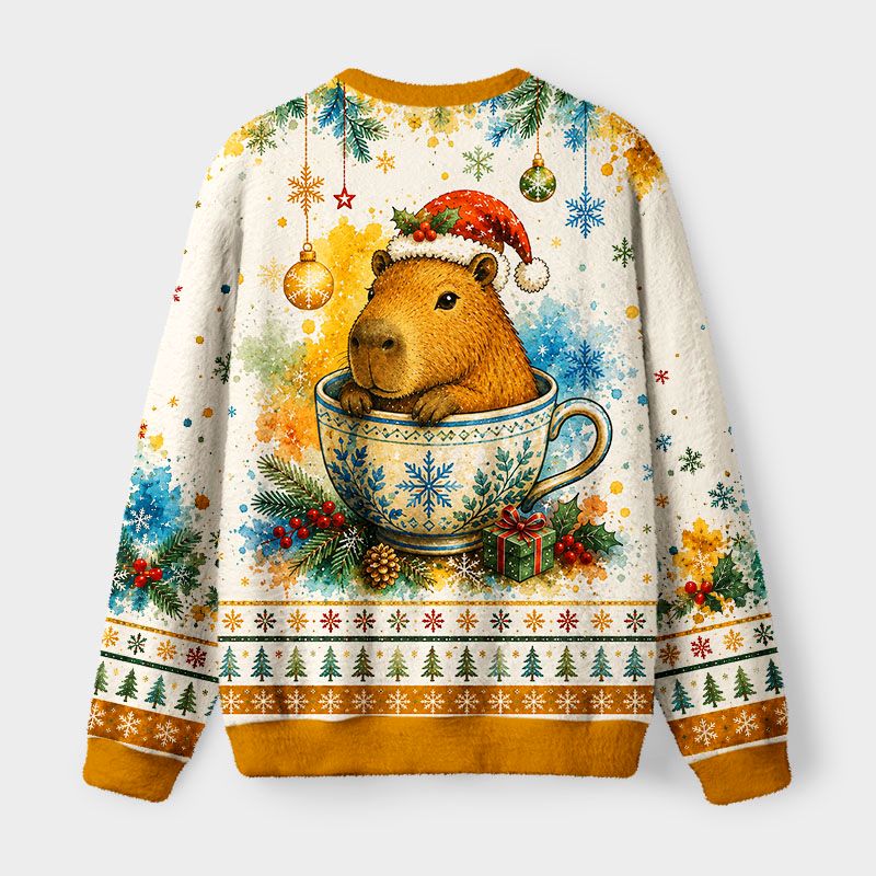 Kyoto-Lion Funny Teacup Capybara Meme Fuzzy Christmas Ugly Sweatshirt
