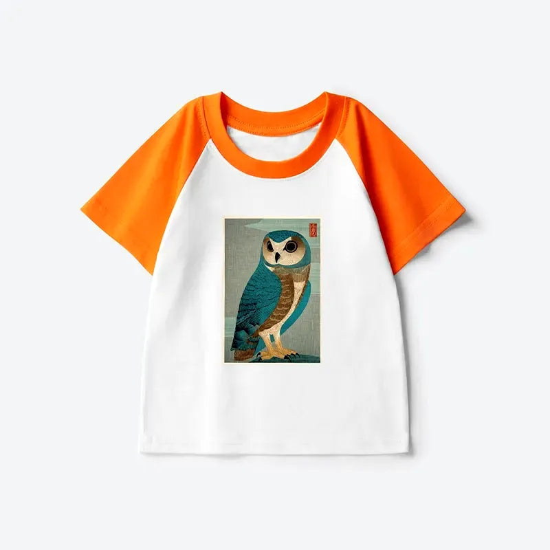 vintage owl woodblock kids raglan t-shirt