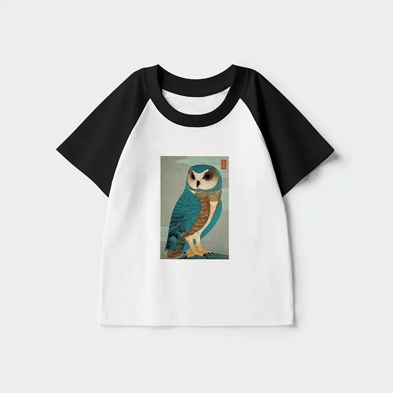 Kyoto-Lion Vintage Owl Woodblock Art Kids Raglan T-shirt