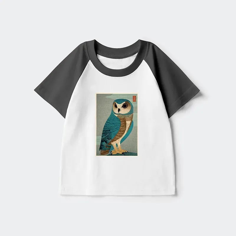 vintage owl woodblock kids raglan t-shirt