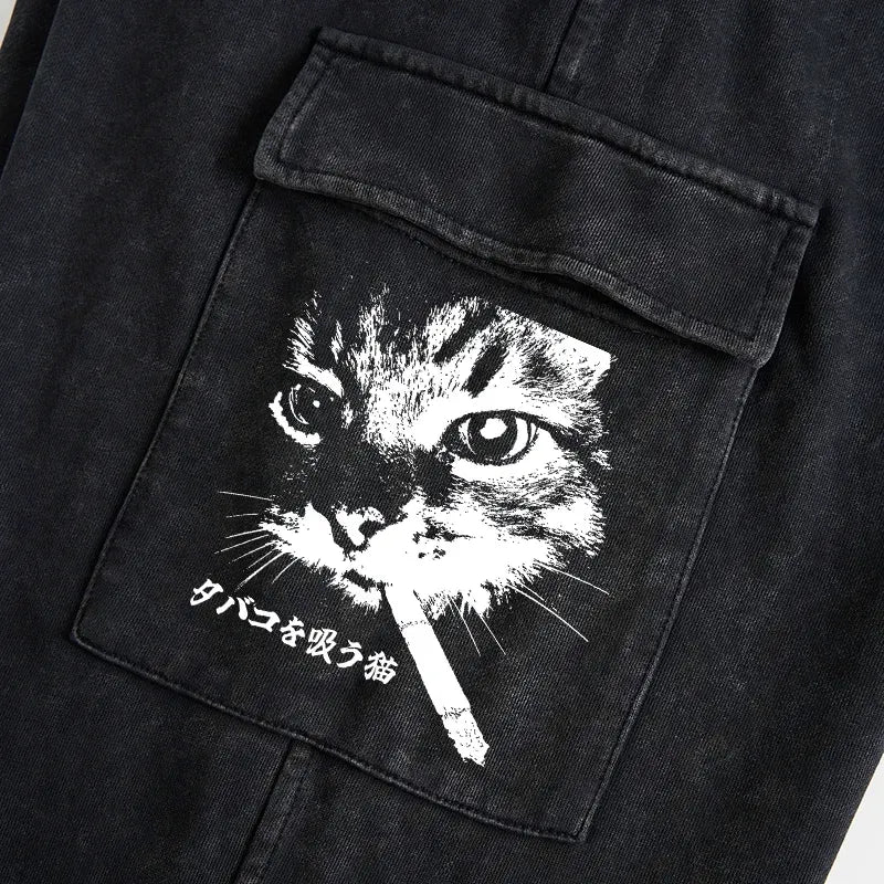 Kyoto-Lion Retro Cat Smoking Washed Utility Sweatpants