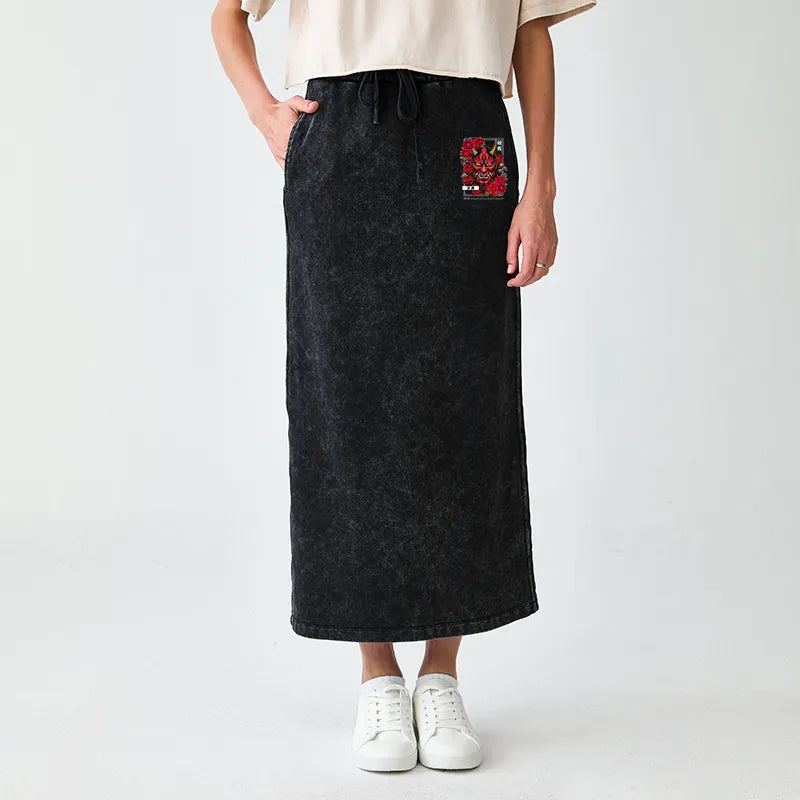 Kyoto-Lion Cool Oni Floral Art Washed Terry Skirt