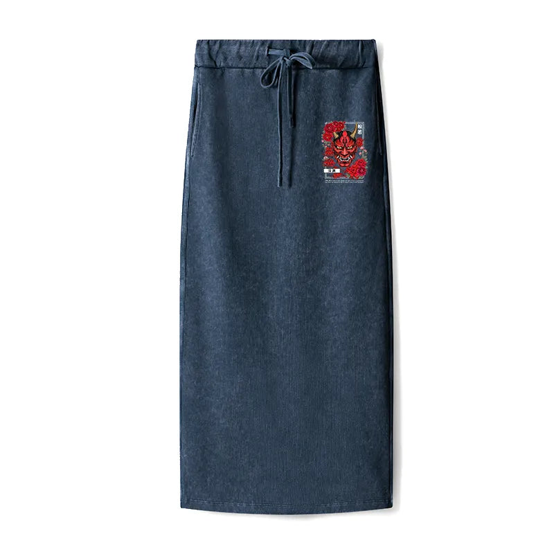 Kyoto-Lion Cool Oni Floral Art Washed Terry Skirt