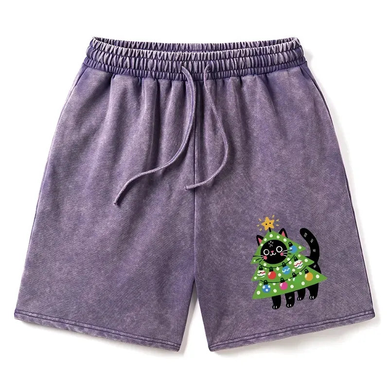 Kyoto-Lion Christmas Tree Cat Washed Shorts