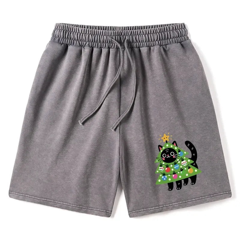 Japanese Cat Washed Shorts for Summer