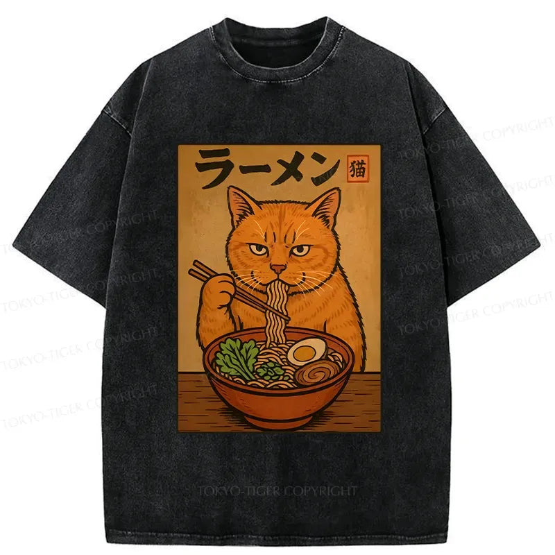 Kyoto-Lion Ramen Obsessed Cute Cat Washed T-Shirt