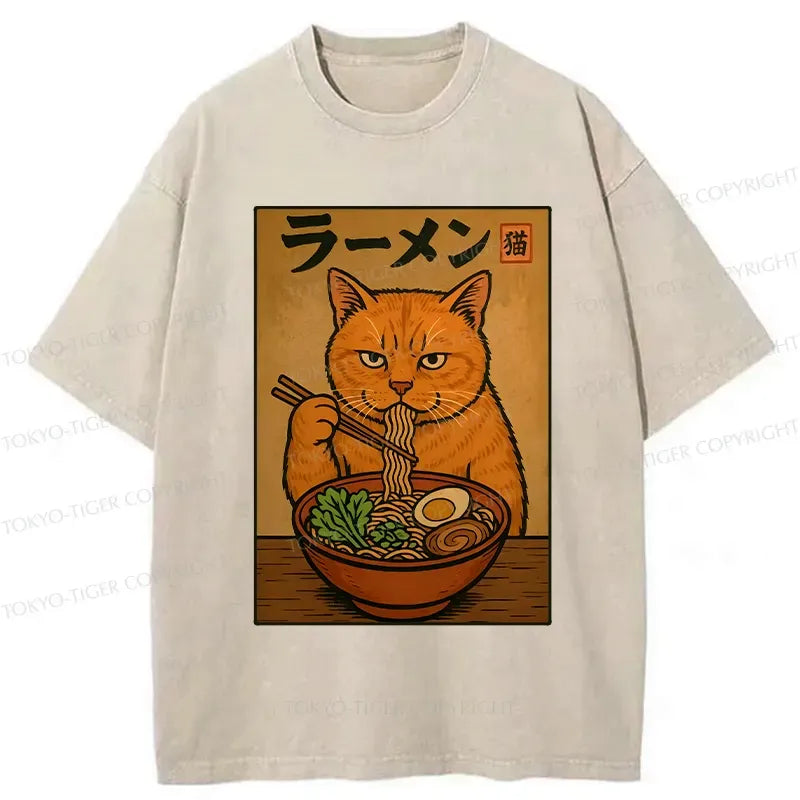 Kyoto-Lion Ramen Obsessed Cute Cat Washed T-Shirt