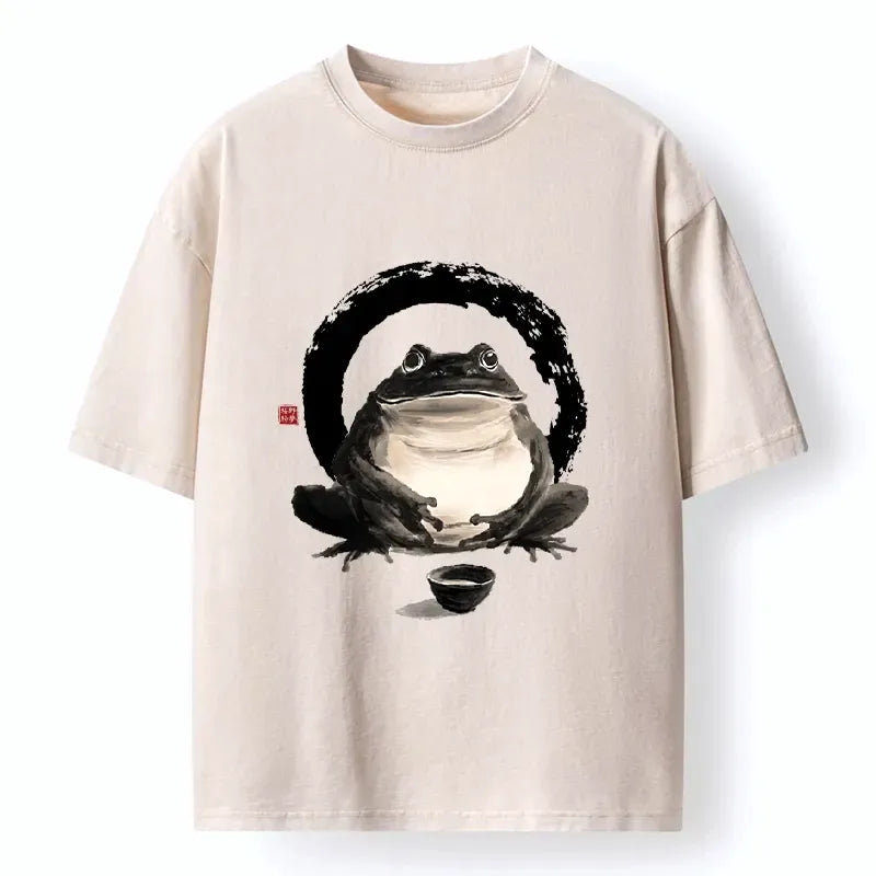 Kyoto-Lion Zen Frog With A Tea Bowl Washed T-Shirt