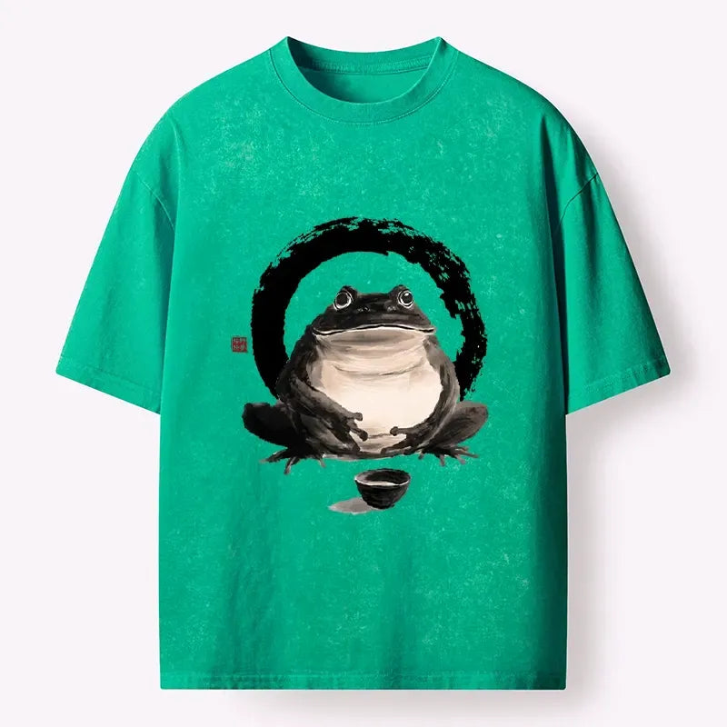 Kyoto-Lion Zen Frog With A Tea Bowl Washed T-Shirt