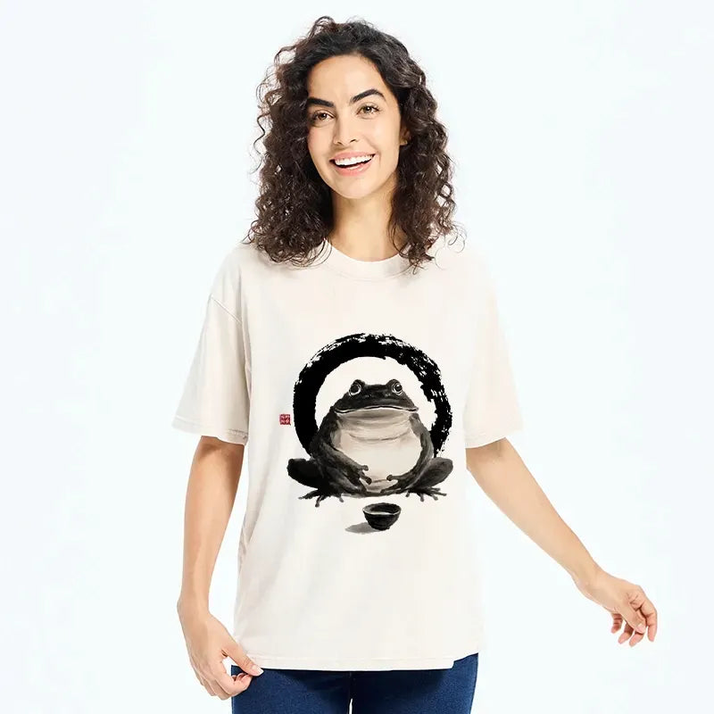 Kyoto-Lion Zen Frog With A Tea Bowl Washed T-Shirt