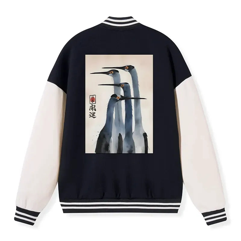 Retro Japanese Sandhill Crane Varsity Jacket for Streetwear