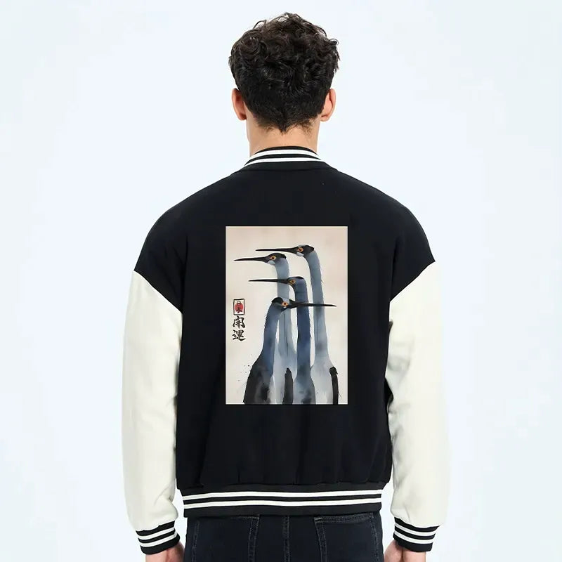 Embroidered Crane Varsity Jacket for Casual Everyday Wear