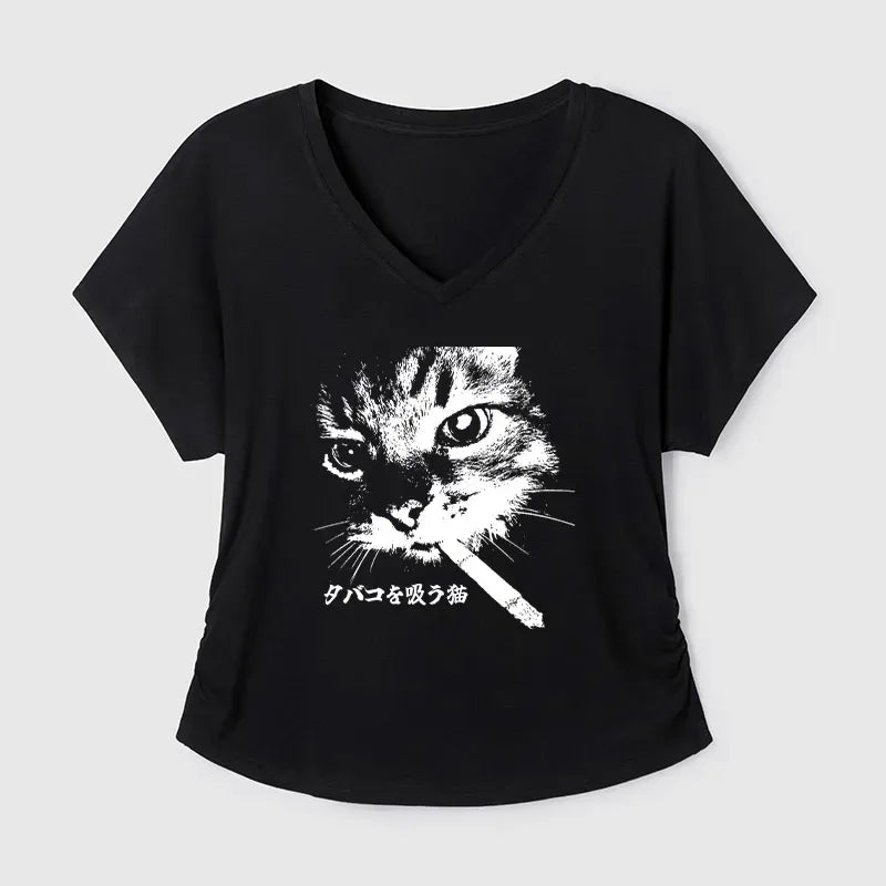 Kyoto-Lion Retro Cat Smoking Modal Dolman Sleeve T-Shirt