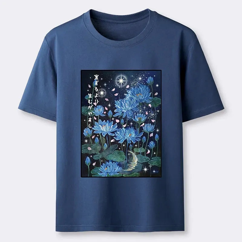 Kyoto-Lion Night Lotus Star Soft Zen Graphic Classic T-Shirt