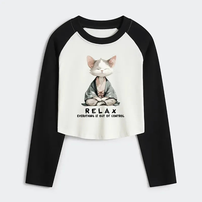 Kyoto-Lion Zen Cat Relaxation£¬Everything's Out Of Control Women's Crop Raglan T-Shirt