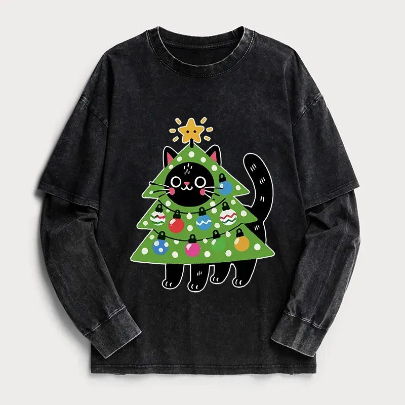 Japanese Cat Christmas Tree Washed T-Shirt