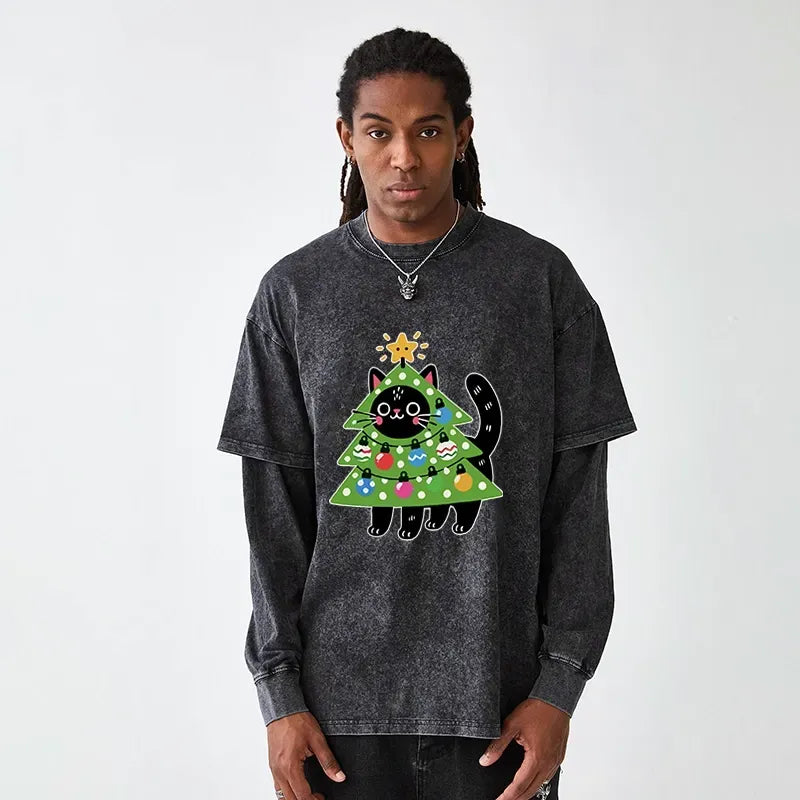 Kyoto-Lion Christmas Tree Cat Washed Double Layer T-Shirt