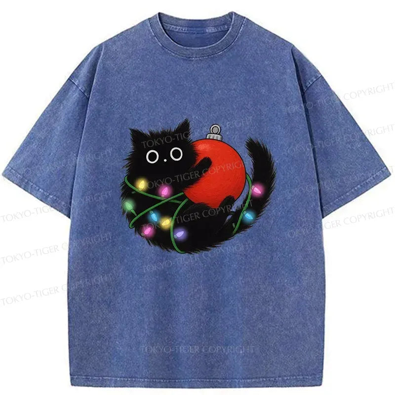 Kyoto-Lion Black Cat Entangled In Light Strips Washed T-Shirt