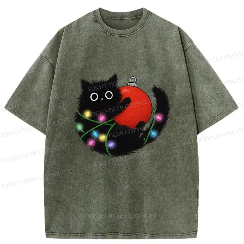 Kyoto-Lion Black Cat Entangled In Light Strips Washed T-Shirt