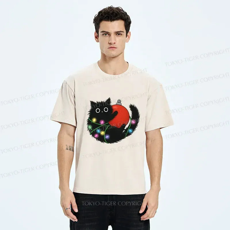 Kyoto-Lion Black Cat Entangled In Light Strips Washed T-Shirt