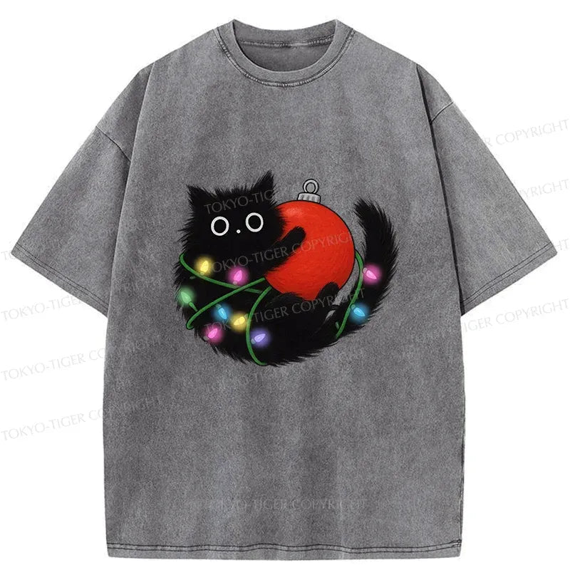 trendy washed black cat t-shirt for summer