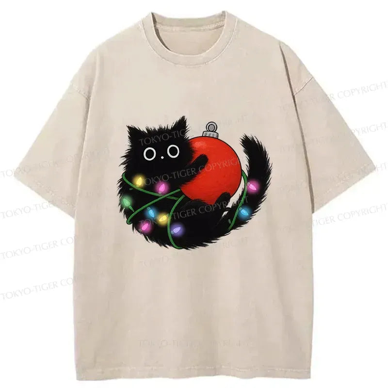 Kyoto-Lion Black Cat Entangled In Light Strips Washed T-Shirt