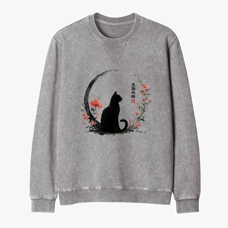 Japanese Black Cat Sweatshirt with Flowers