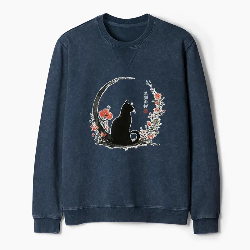 Japanese Black Cat Sweatshirt with Flowers