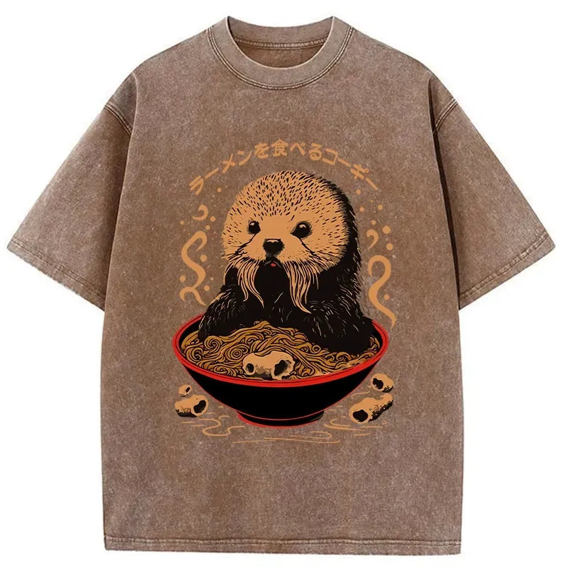 Kyoto-Lion Otter Eating Ramen Washed T-Shirt