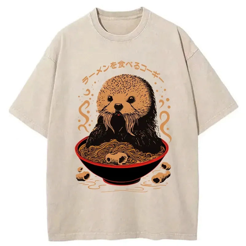 Kyoto-Lion Otter Eating Ramen Washed T-Shirt