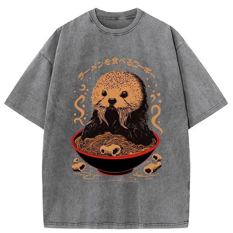 Kyoto-Lion Otter Eating Ramen Washed T-Shirt