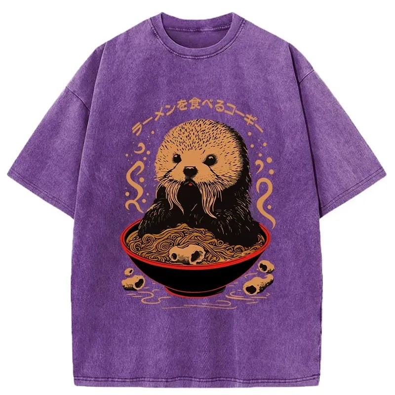 Kyoto-Lion Otter Eating Ramen Washed T-Shirt