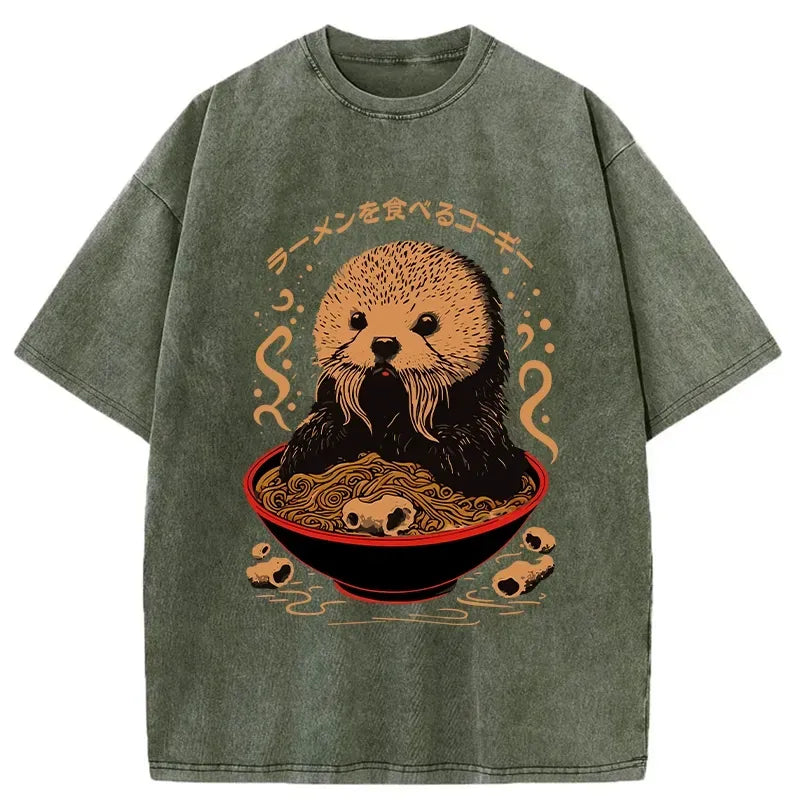 Kyoto-Lion Otter Eating Ramen Washed T-Shirt