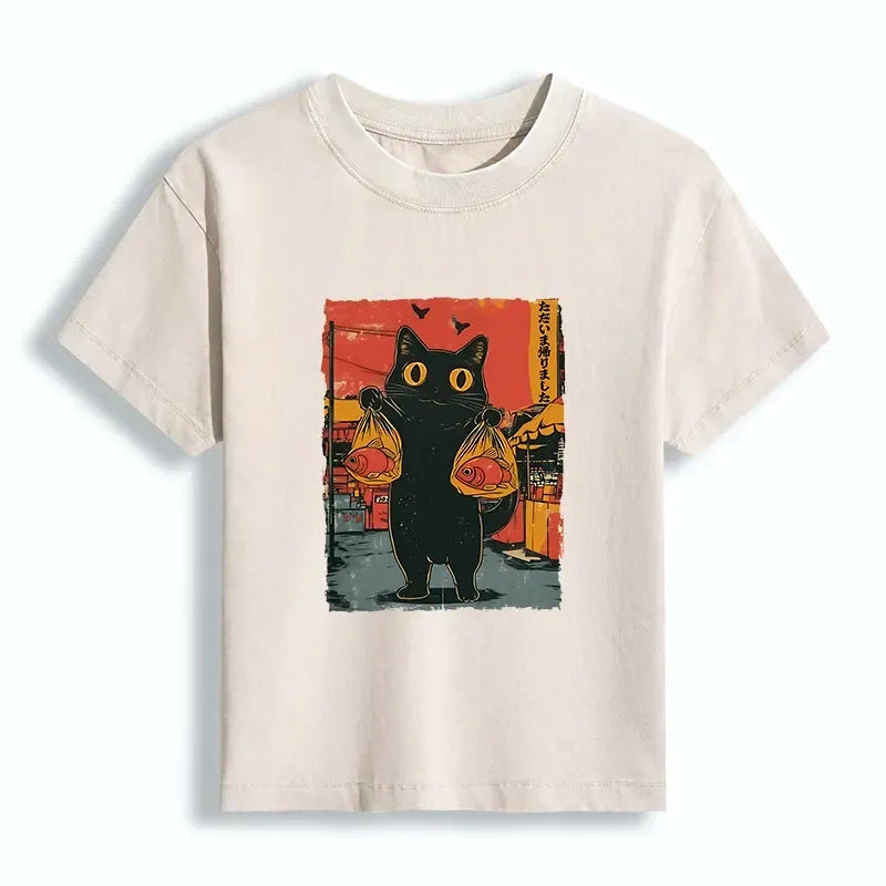 Kyoto-Lion Cat Fishing Japanese Women's Washed T-shirt