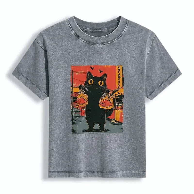 Japanese Cat Fishing T-shirt for Women